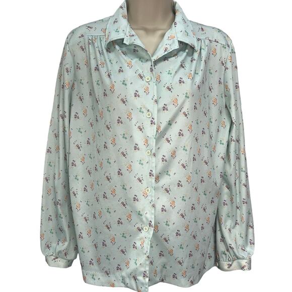 Vintage Nikki Button Down Blouse Flowers Blue 70s Size M Long Sleeve Disco - Picture 1 of 5